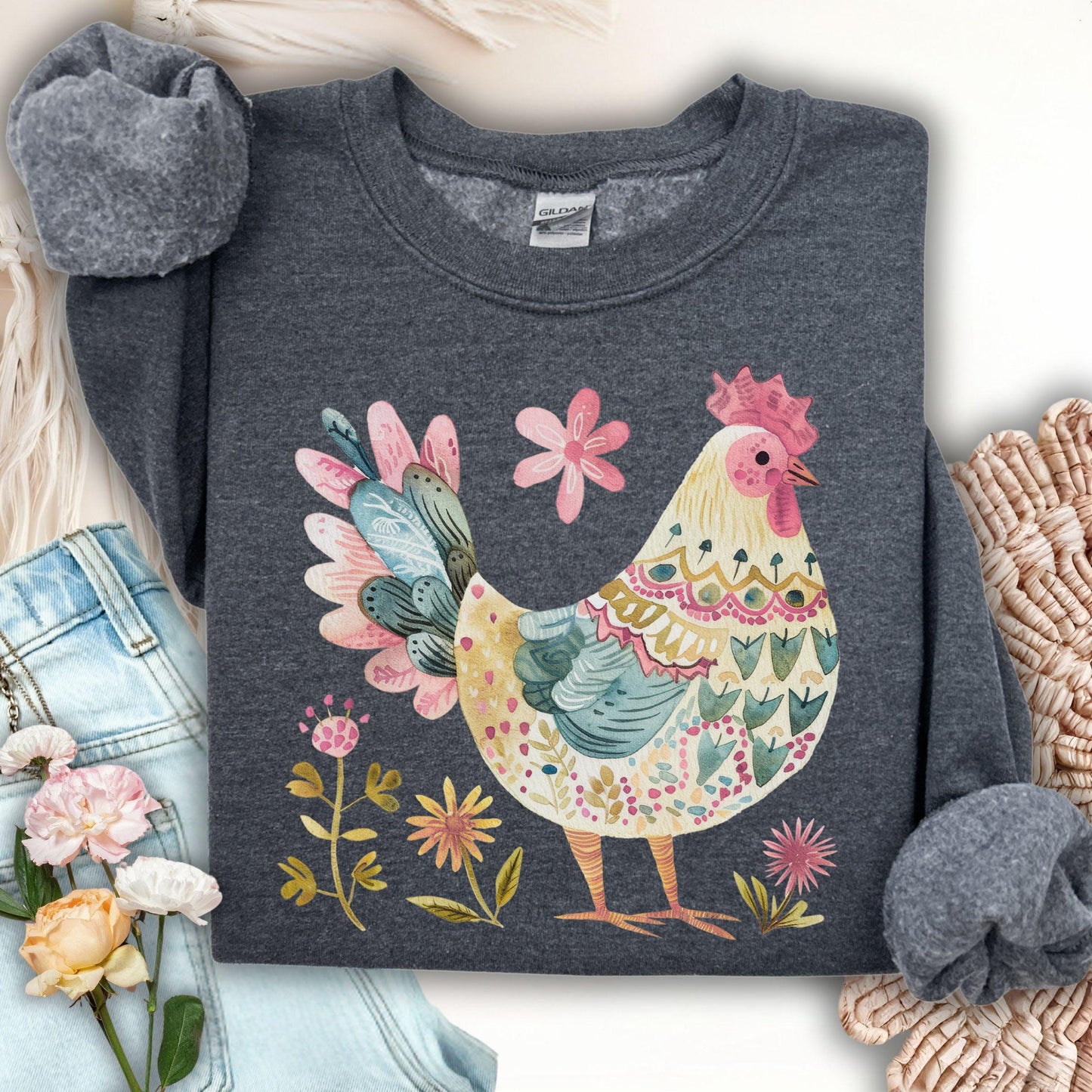 Floral Folk Art Colorful Rooster Sweatshirt