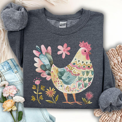 Floral Folk Art Colorful Rooster Sweatshirt