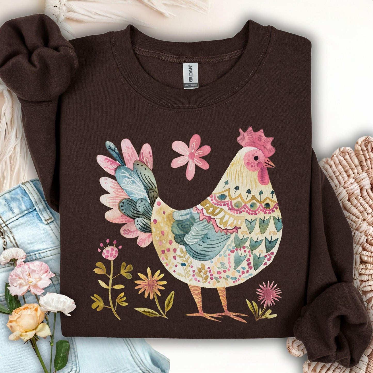 Floral Folk Art Colorful Rooster Sweatshirt