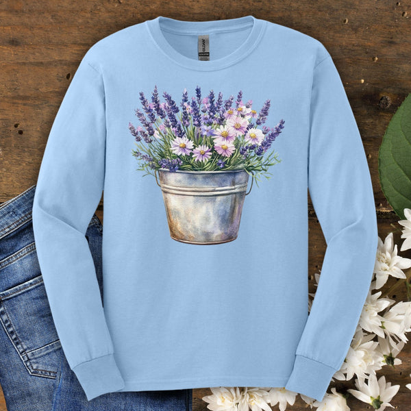 Light blue long sleeve tee with a hand-painted lavender and daisy bouquet in a weathered metal pail.