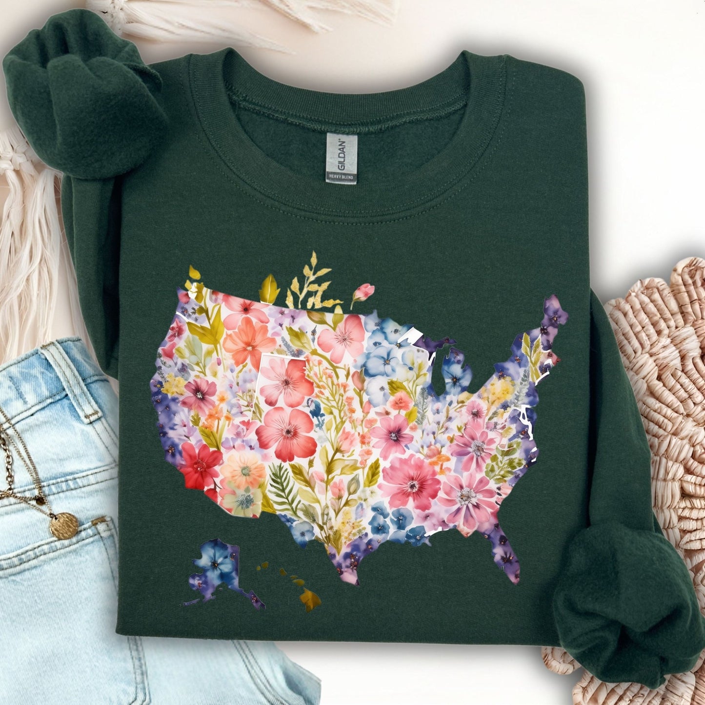 Forest Green Gildan sweatshirt with a watercolor floral USA map design.