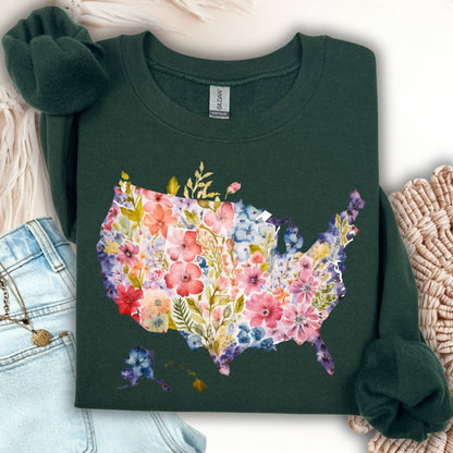 Forest Green Gildan sweatshirt with a watercolor floral USA map design.