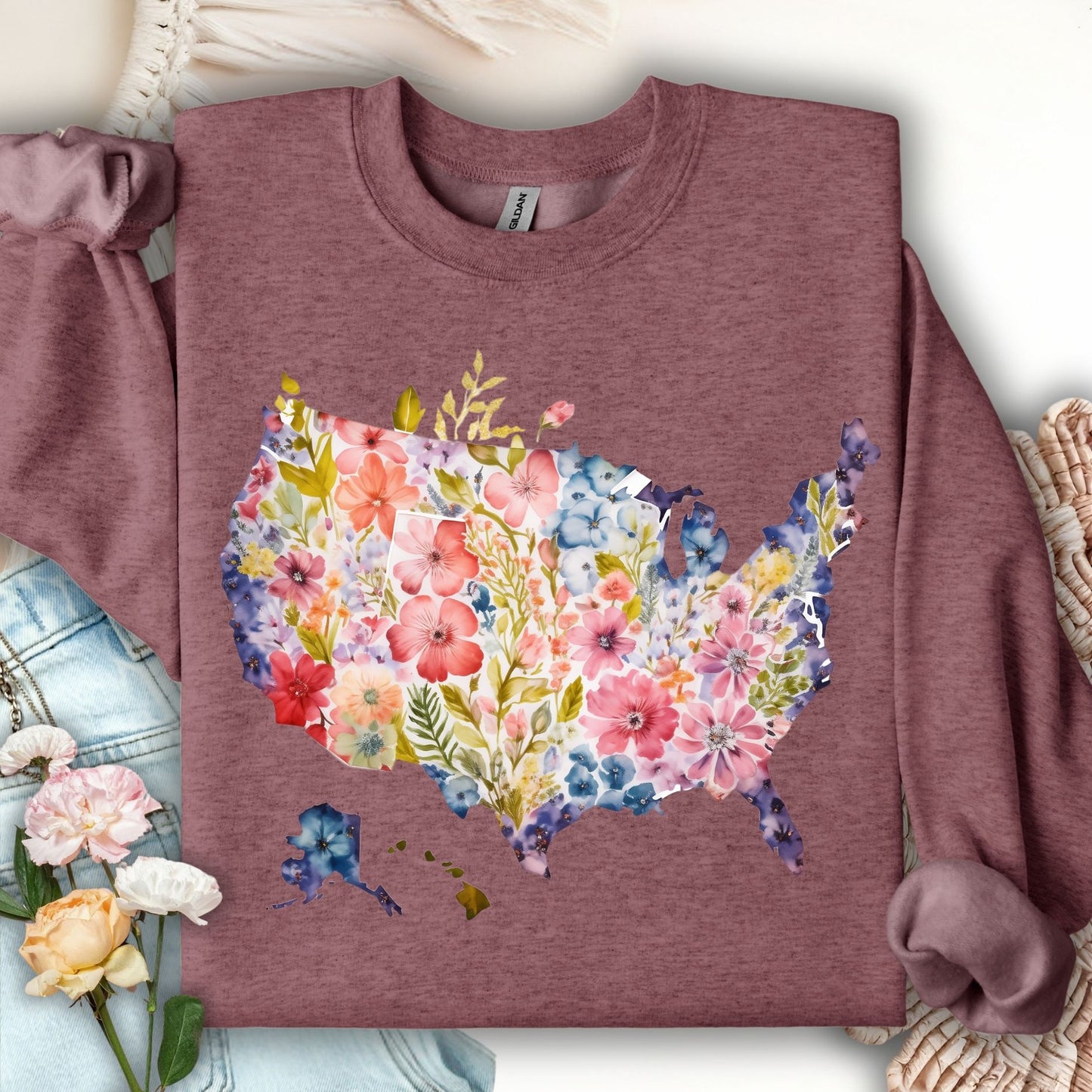 Heather Sport Dark Maroon S sweatshirt with a watercolor floral USA map design.