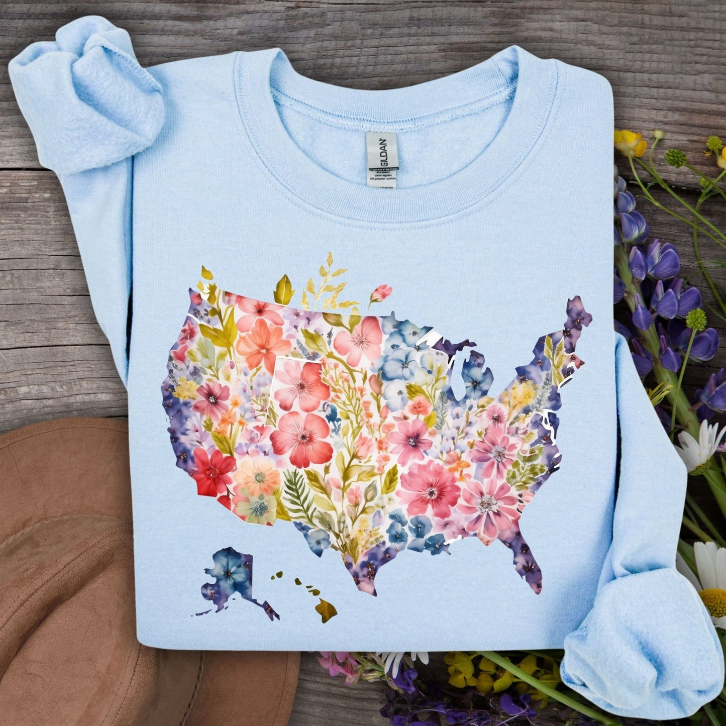 Light blue Gildan sweatshirt with a watercolor floral USA map design.
