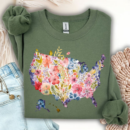 Military Green Gildan sweatshirt with a watercolor floral USA map design.