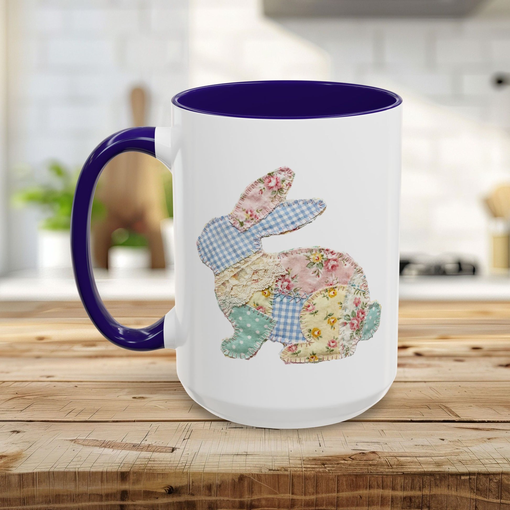 White ceramic mug with a purple handle and interior, featuring a patchwork floral Easter bunny design.