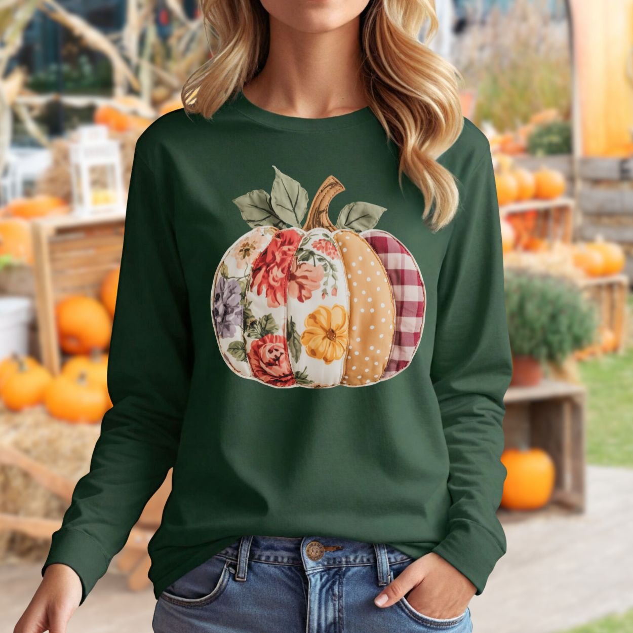 Green long sleeve tee with a faux patchwork pumpkin featuring floral, gingham, and polka dot patterns.