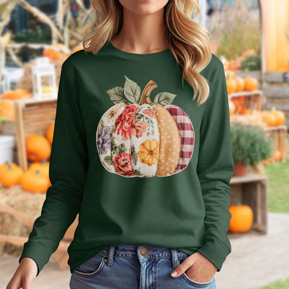Green long sleeve tee with a faux patchwork pumpkin featuring floral, gingham, and polka dot patterns.