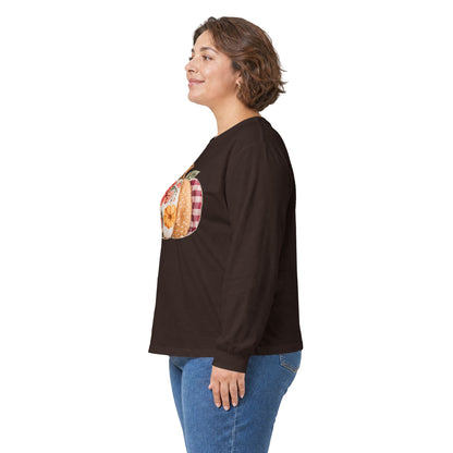 Woman in a brown long sleeve tee with a floral & plaid faux patchwork pumpkin print.