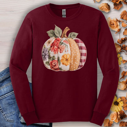 Maroon long sleeve tee with a faux patchwork pumpkin design featuring floral, gingham, and dotted patterns.