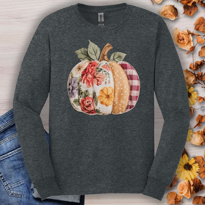 Dark heather long sleeve tee with a colorful faux patchwork pumpkin design.