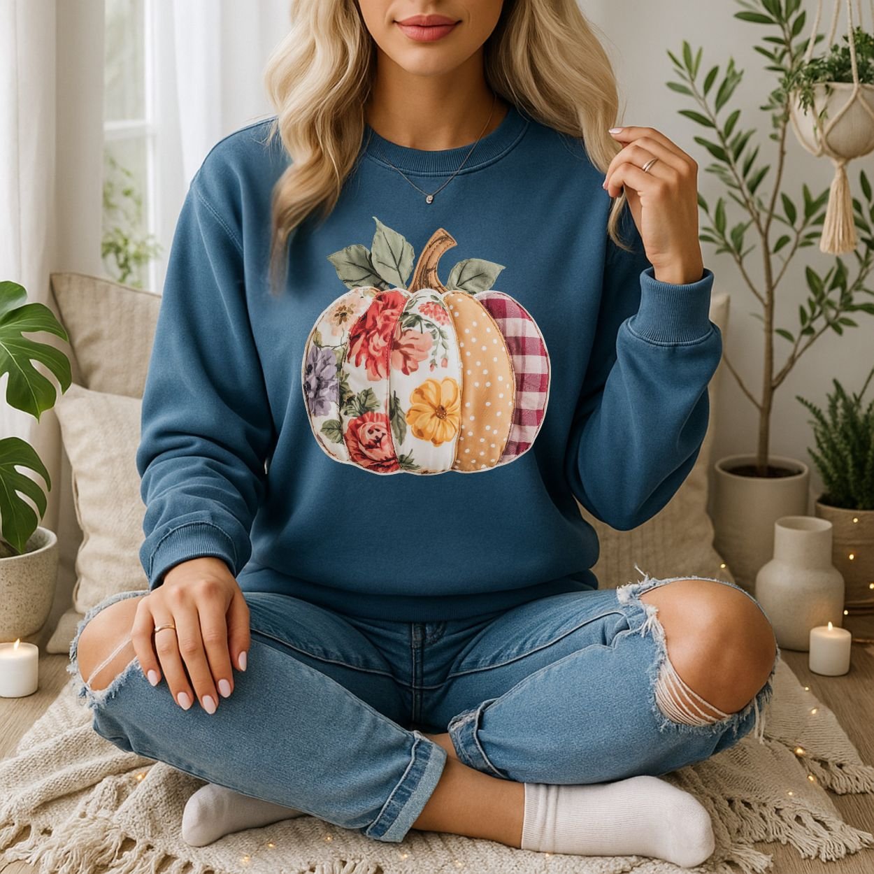 Woman in a blue crewneck sweatshirt with a floral, gingham, and polka dot patchwork pumpkin design.