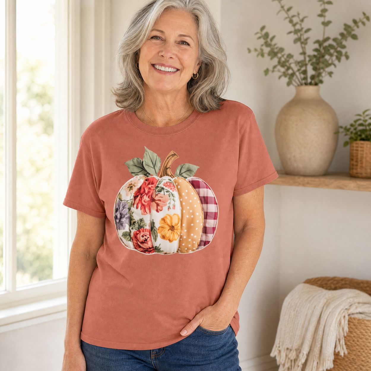 Woman in a terracotta Comfort Colors tee with a floral & plaid faux patchwork pumpkin design.
