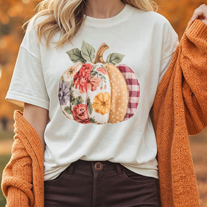 Comfort Colors tee with a faux patchwork pumpkin in floral, plaid, gingham, and polka dot patterns.