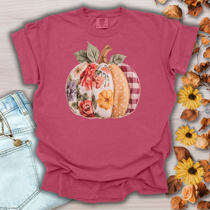 Brick Comfort Colors tee with a floral & plaid faux patchwork pumpkin design.