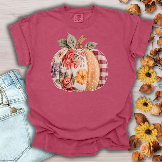 Brick Comfort Colors tee with a floral & plaid faux patchwork pumpkin design.