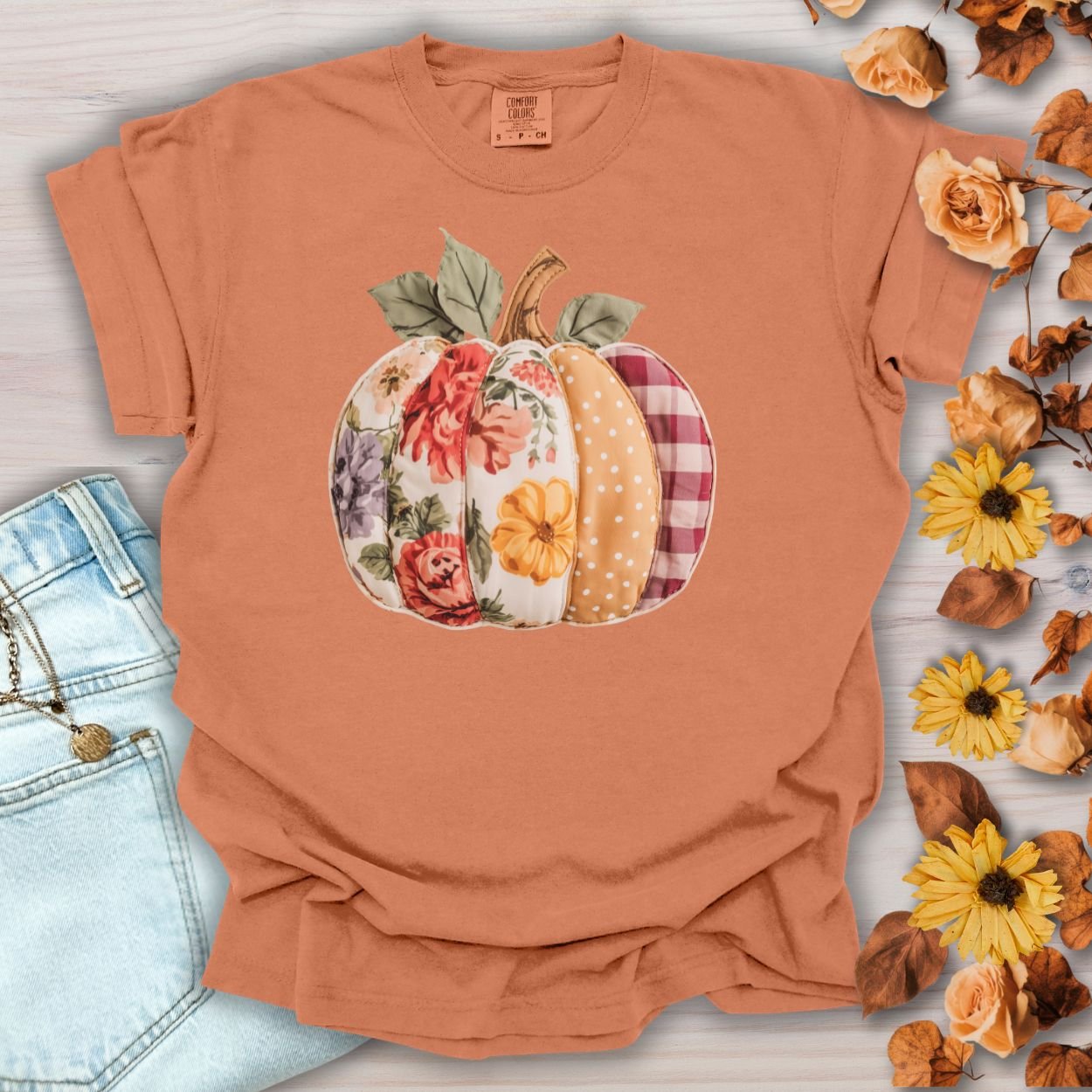 Yam Comfort Colors tee with a faux patchwork pumpkin in floral, gingham, and dotted patterns.