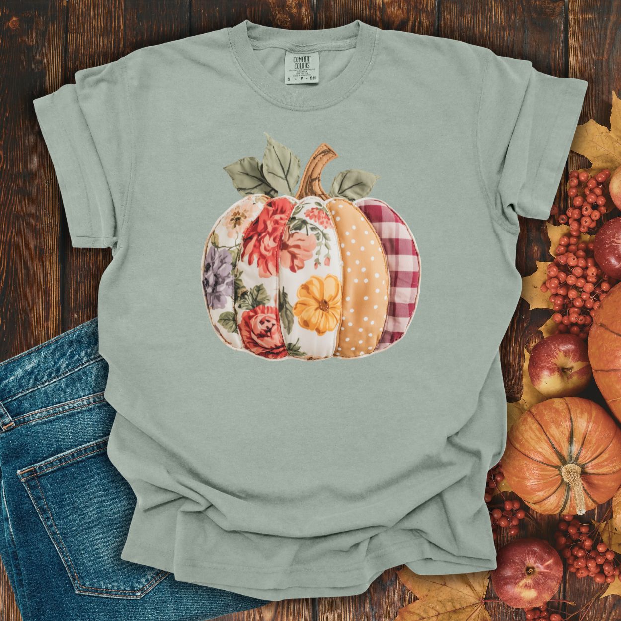 Bay Comfort Colors tee with a floral & plaid faux patchwork pumpkin design.