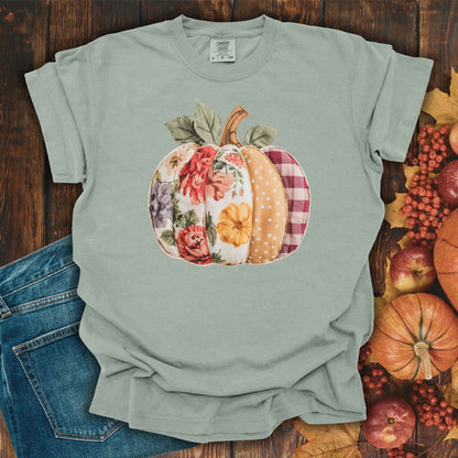 Bay Comfort Colors tee with a floral & plaid faux patchwork pumpkin design.