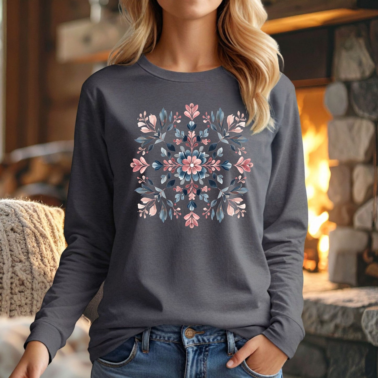 Floral Snowflake Artwork Long Sleeve Tee