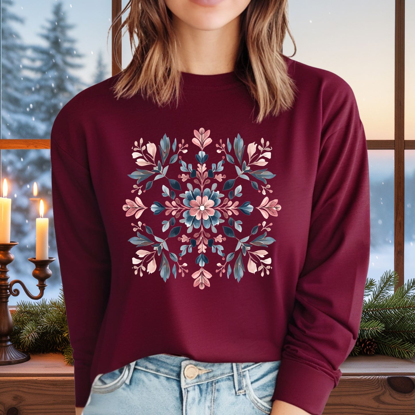 Floral Snowflake Artwork Long Sleeve Tee