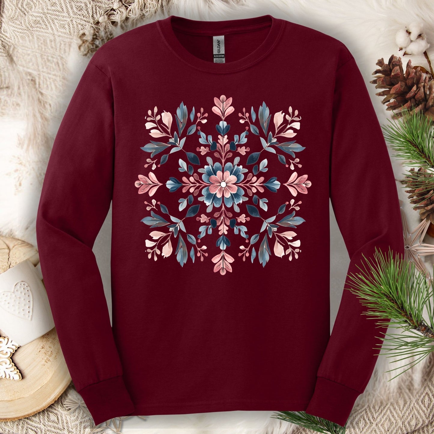 Floral Snowflake Artwork Long Sleeve Tee