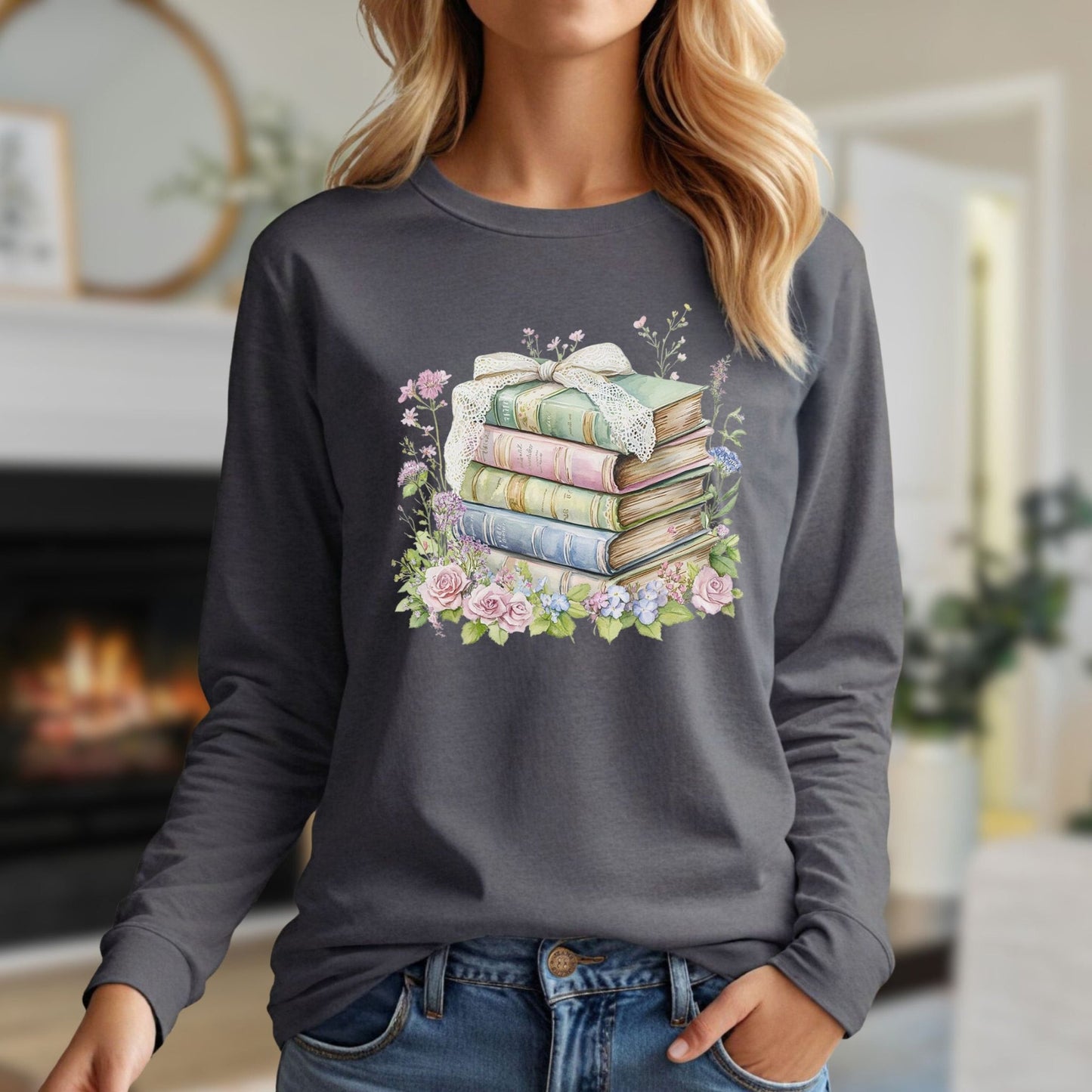 Floral Stack of Vintage Books Long Sleeve Tee