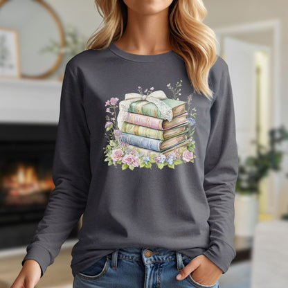 Floral Stack of Vintage Books Long Sleeve Tee