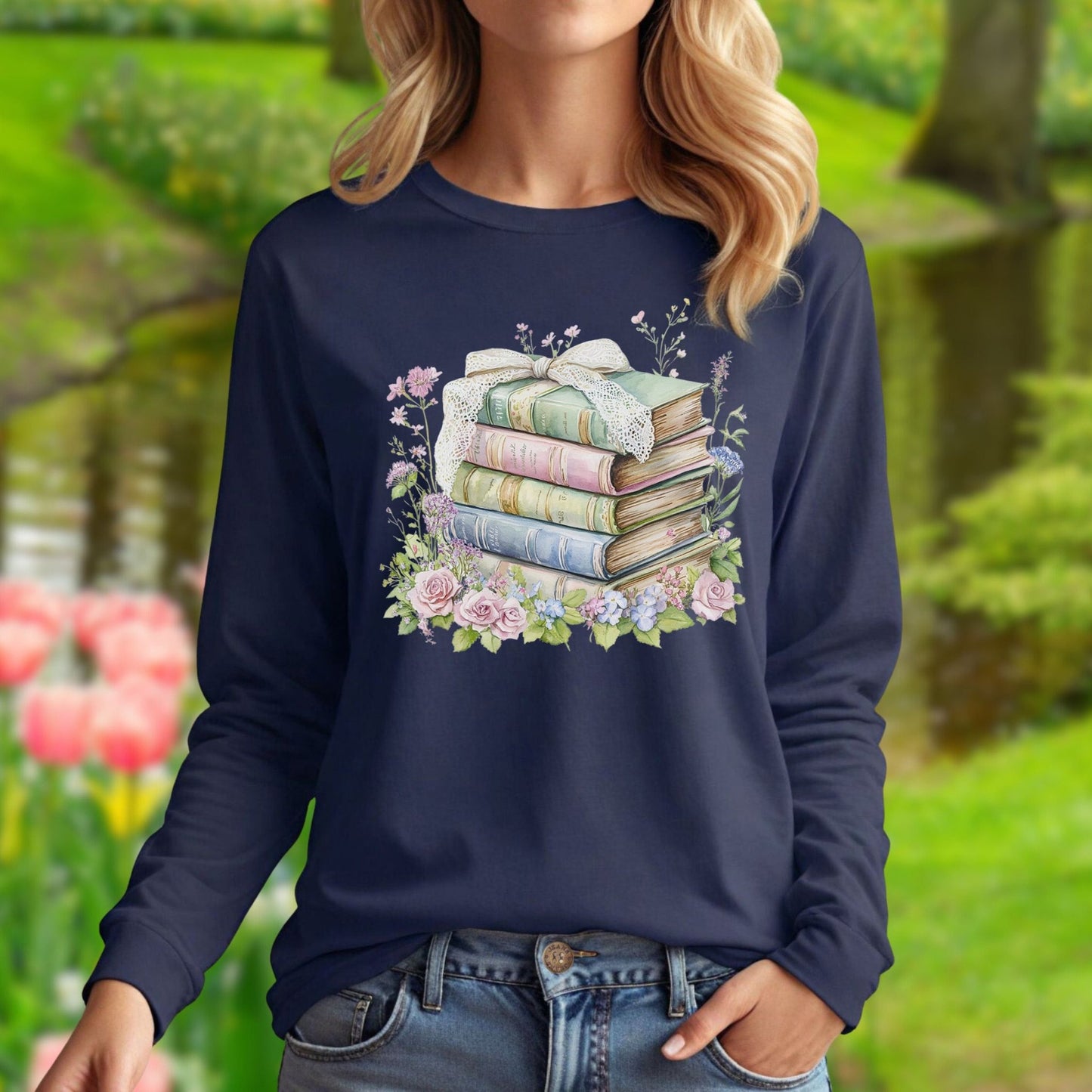 Floral Stack of Vintage Books Long Sleeve Tee