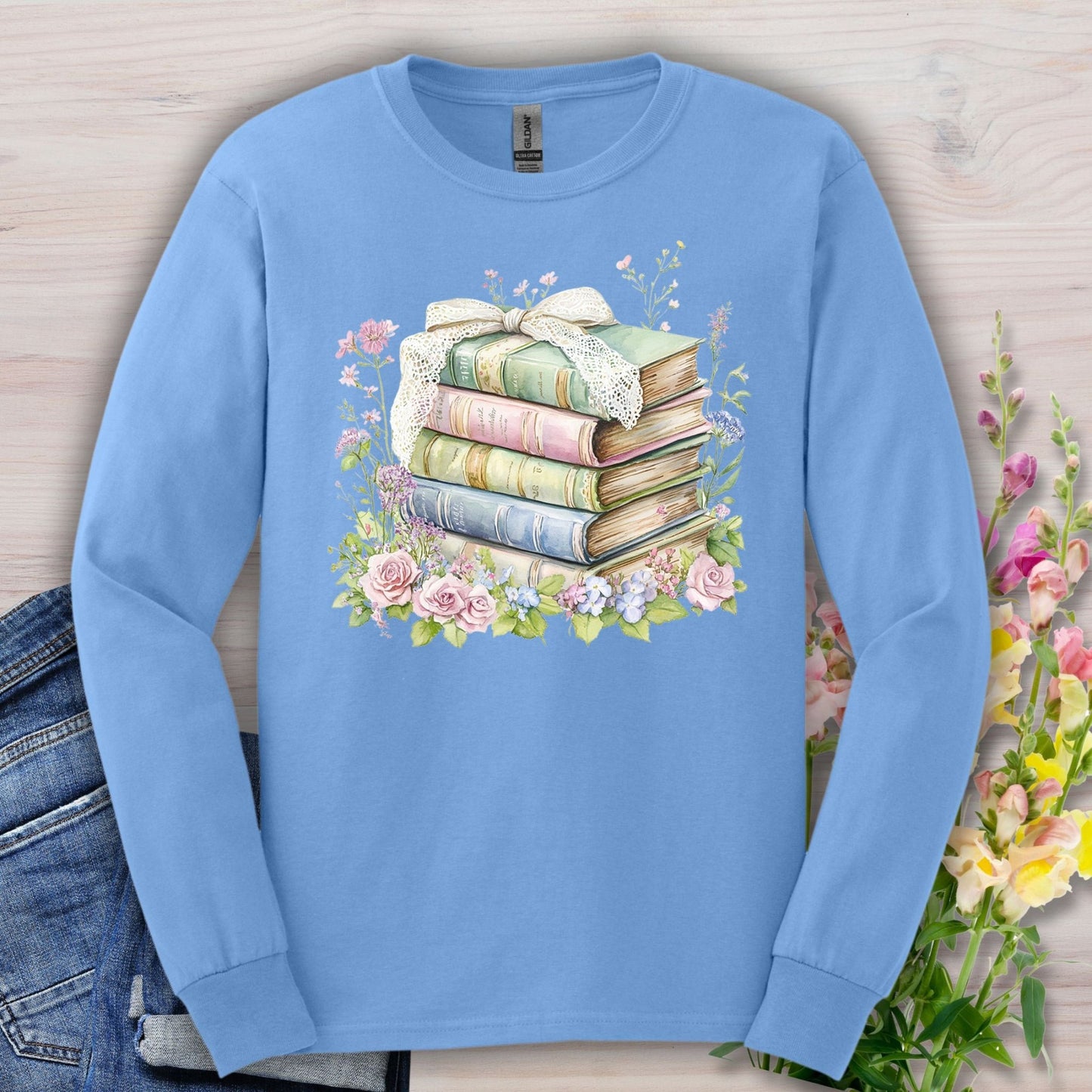 Floral Stack of Vintage Books Long Sleeve Tee