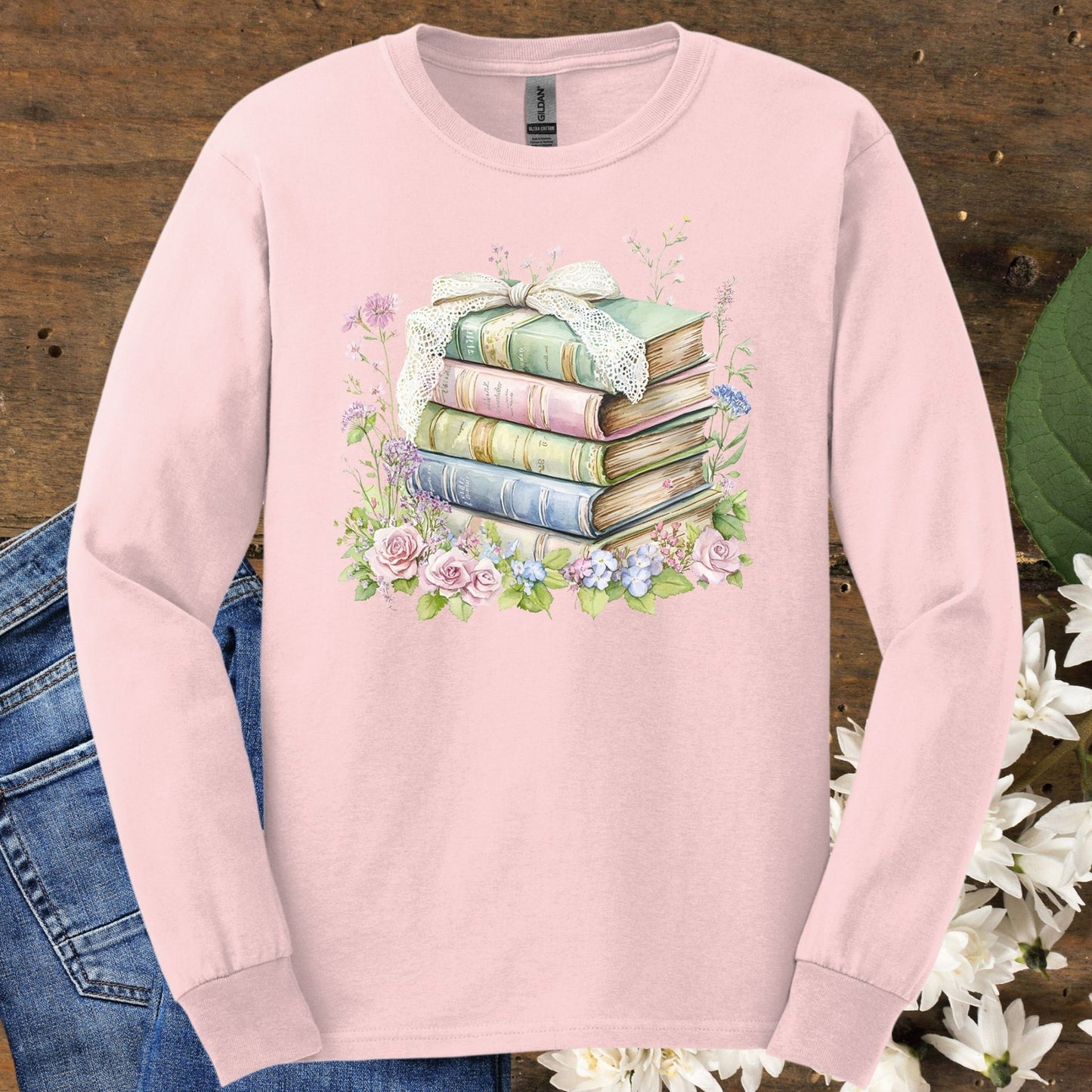 Floral Stack of Vintage Books Long Sleeve Tee