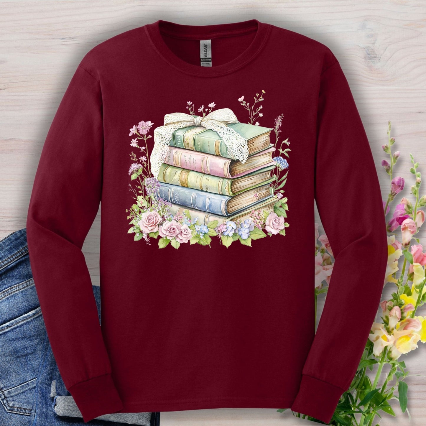 Floral Stack of Vintage Books Long Sleeve Tee