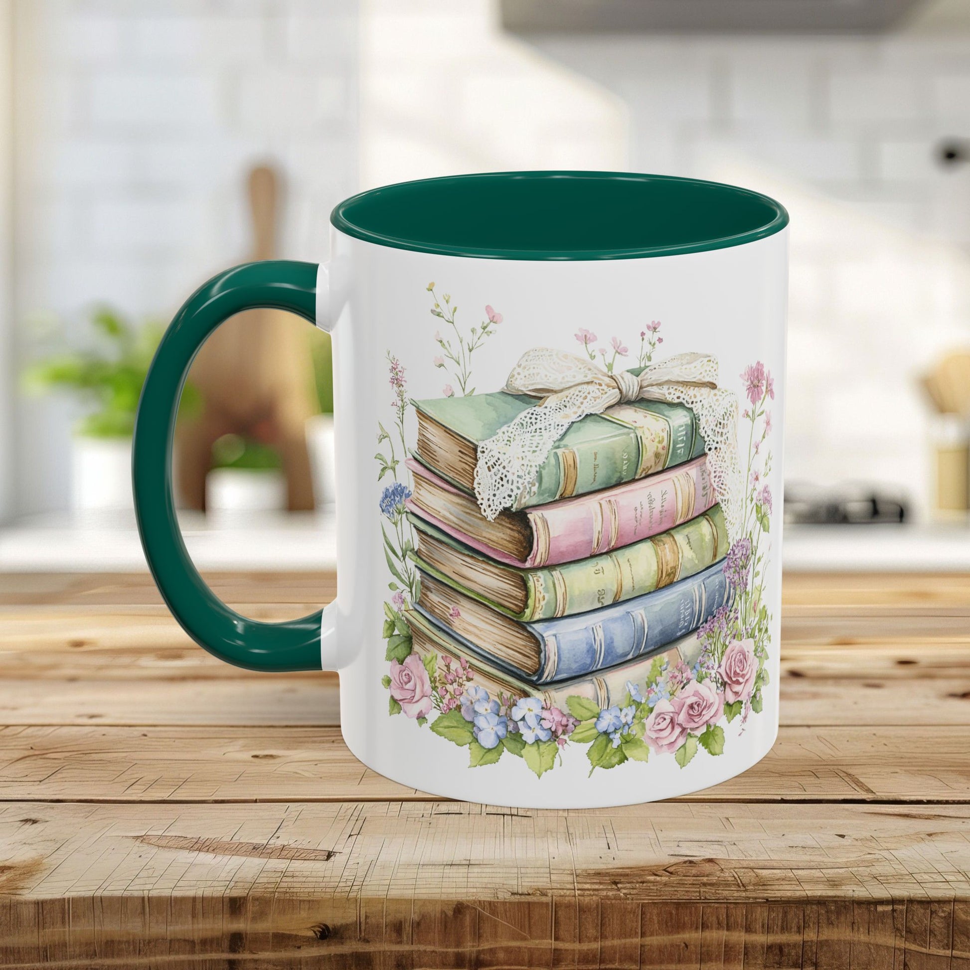 White ceramic mug with green interior and handle, featuring a watercolor stack of vintage books and roses.