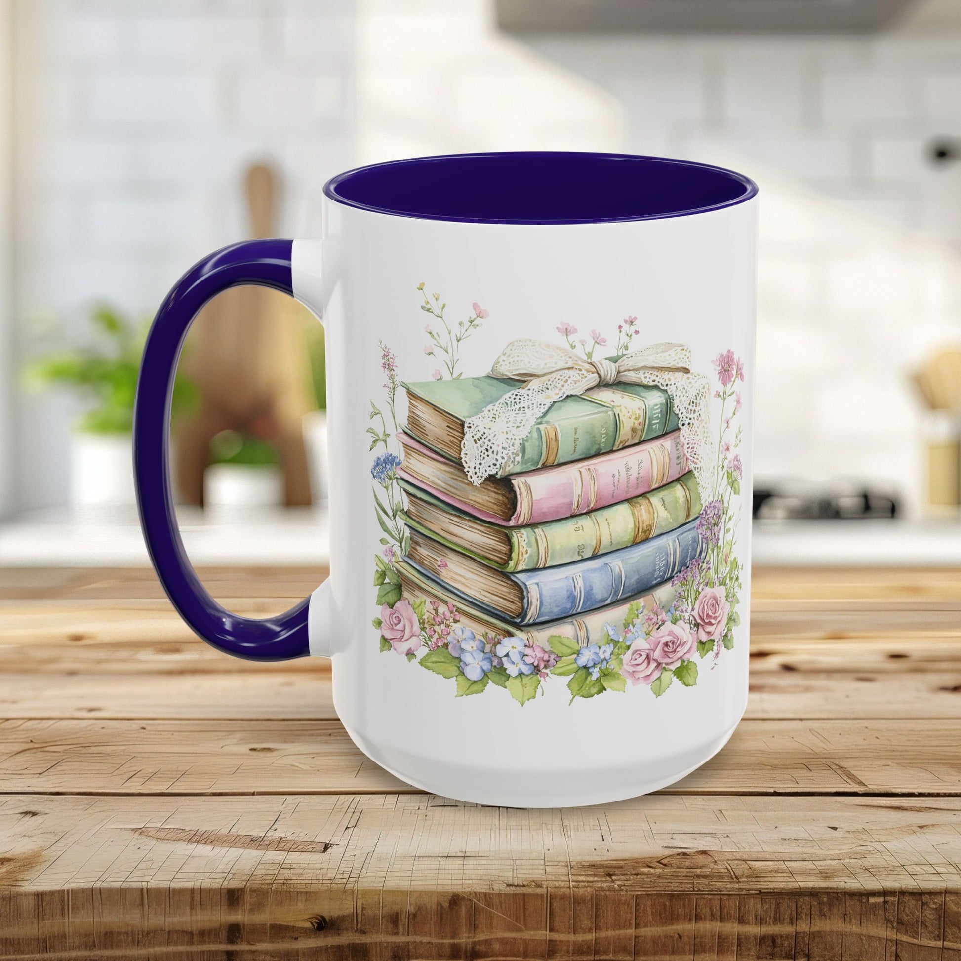 White ceramic mug with purple interior and handle, featuring a watercolor stack of vintage books and roses.