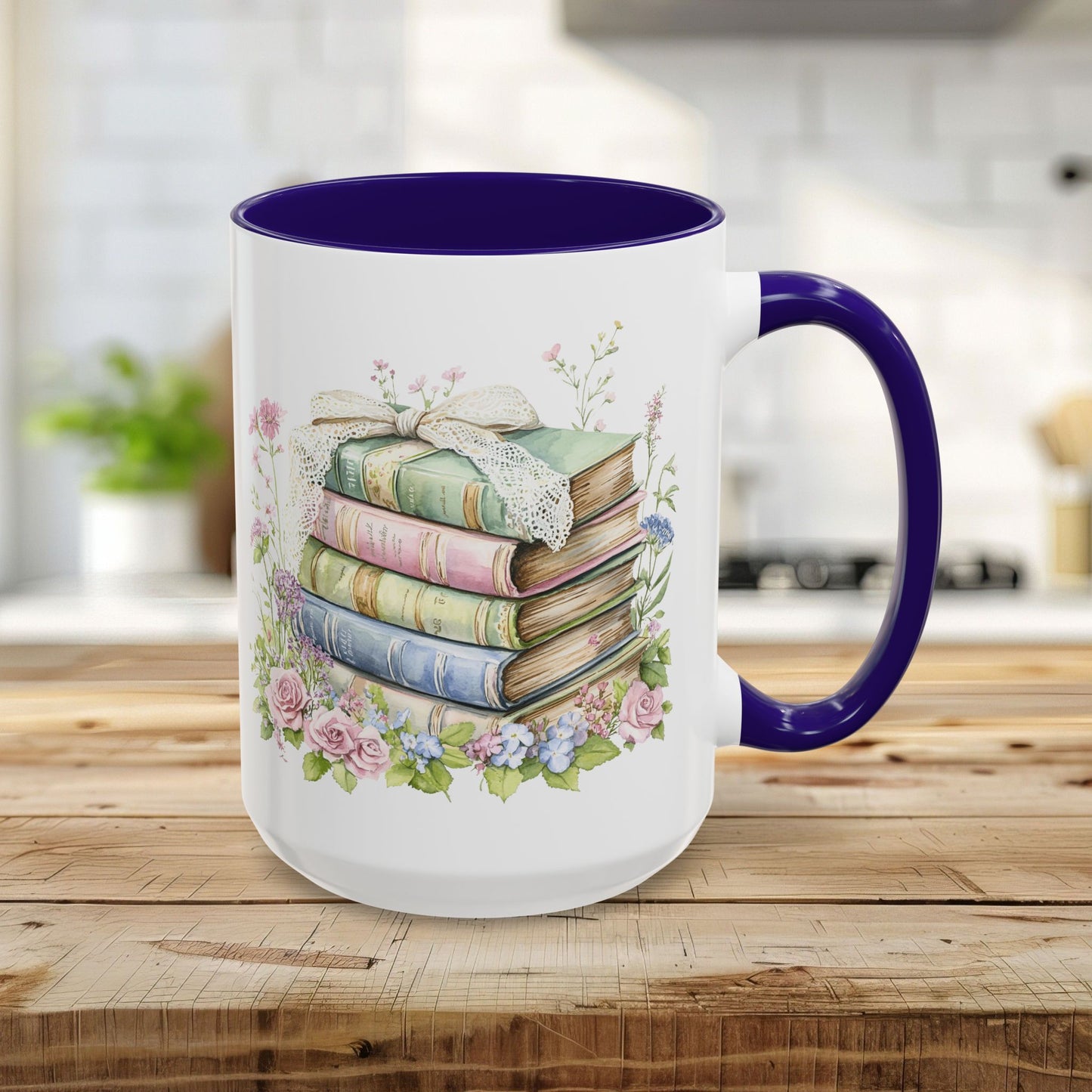 15oz glossy ceramic mug with a blue interior/handle and vintage floral book stack design.