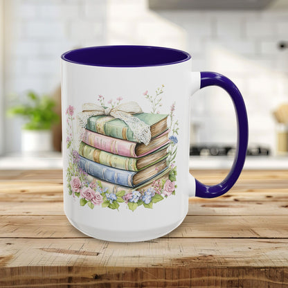 15oz glossy ceramic mug with a blue interior/handle and vintage floral book stack design.