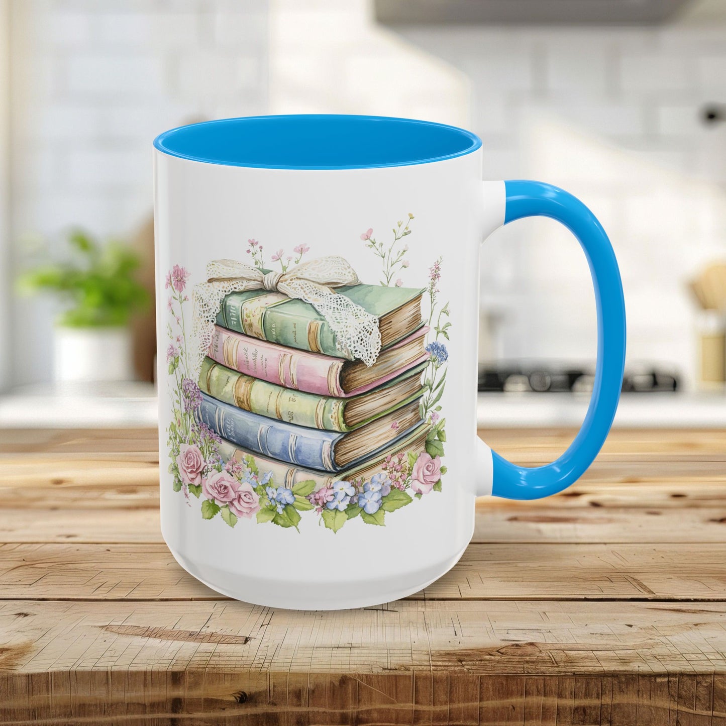 15oz glossy ceramic mug with a light blue interior and handle, featuring a vintage floral book stack design.