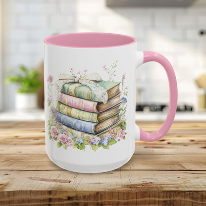15oz glossy ceramic mug with a pink interior/handle and a watercolor floral stack of vintage books design.