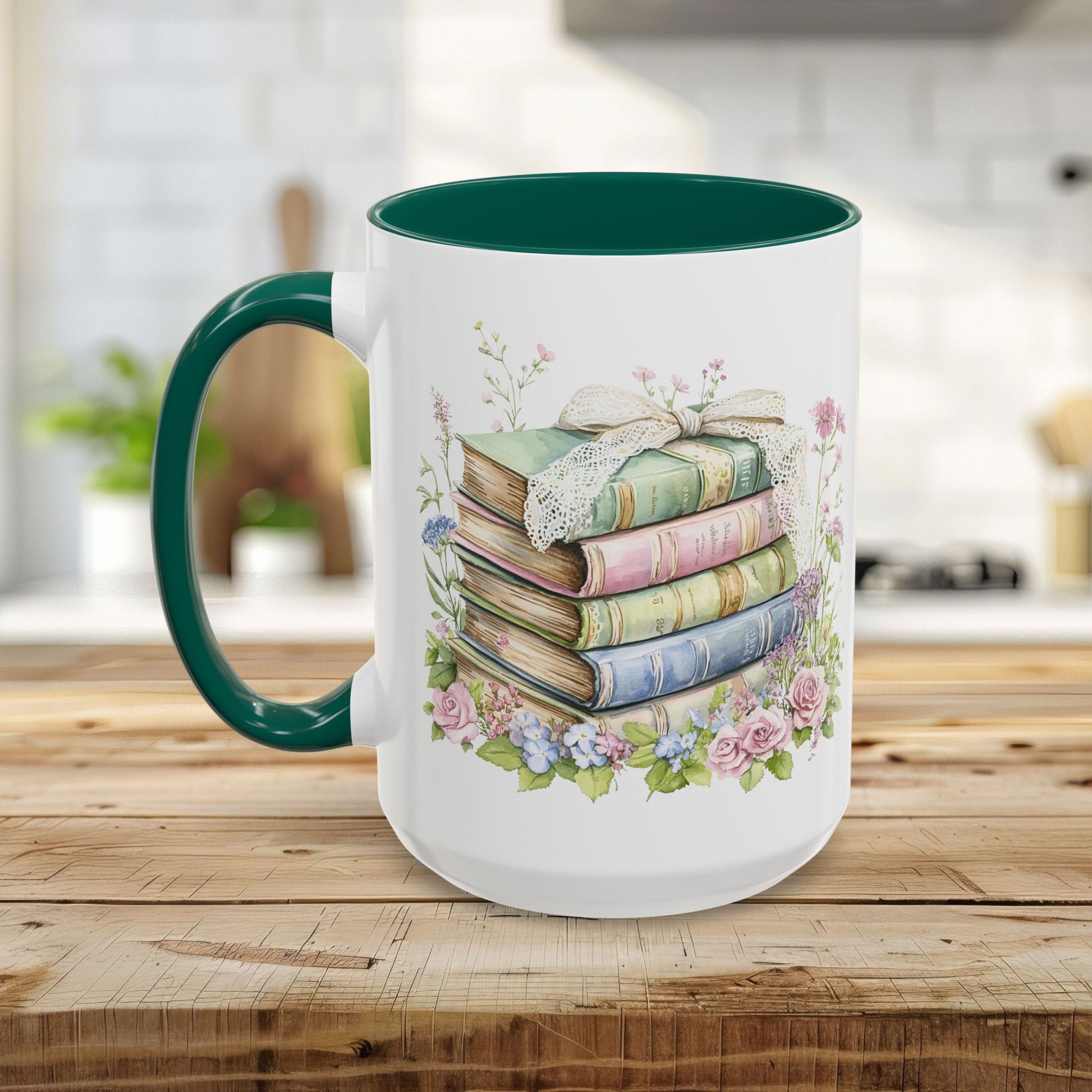 White ceramic mug with a green handle and interior, featuring a watercolor stack of vintage books and roses.