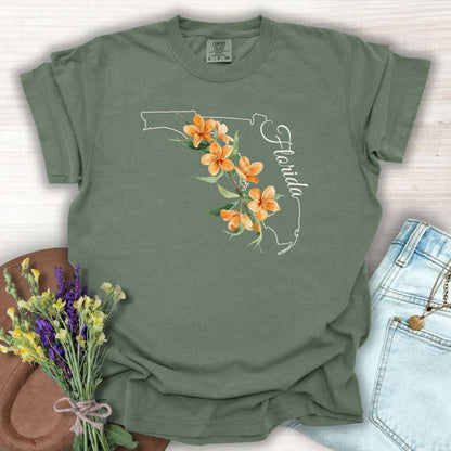 Moss green garment-dyed cotton t-shirt with Florida state outline, orange blossoms, and script.