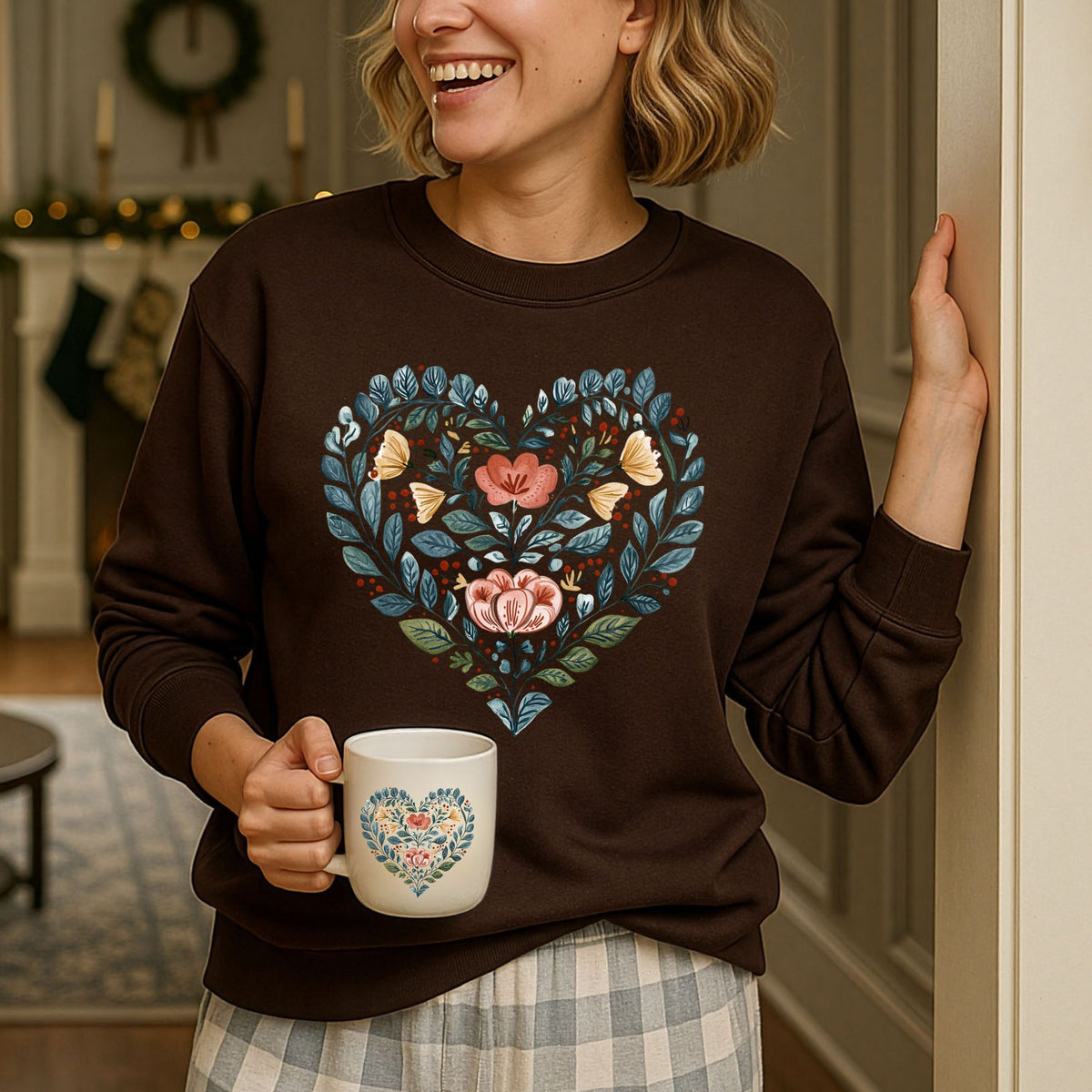 Folk Art Blue Floral Heart Sweatshirt