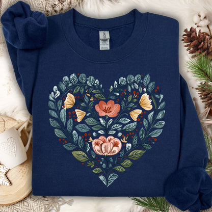 Folk Art Blue Floral Heart Sweatshirt