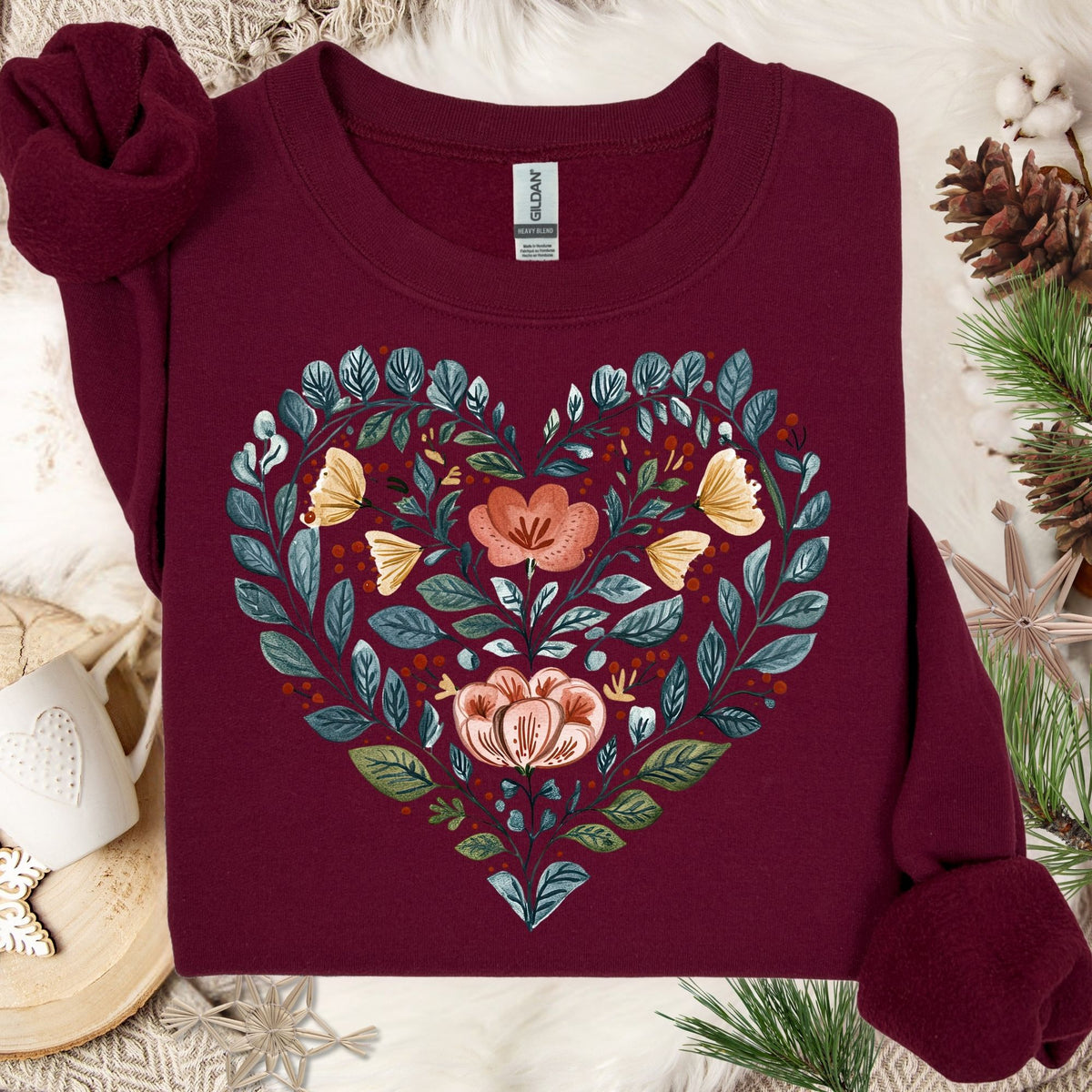 Folk Art Blue Floral Heart Sweatshirt