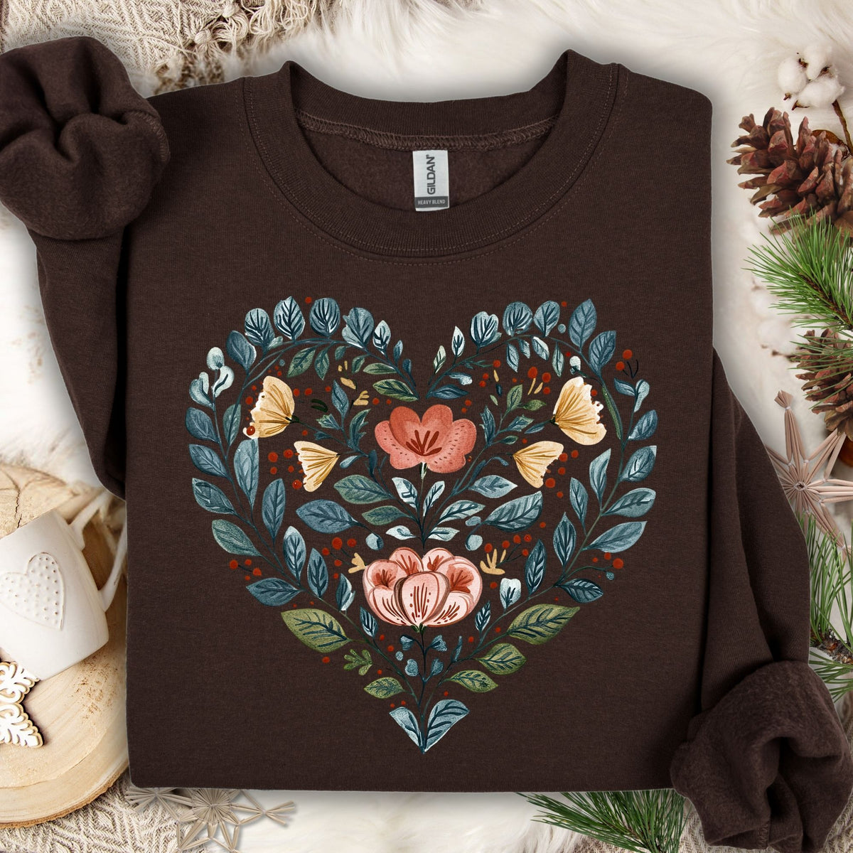 Folk Art Blue Floral Heart Sweatshirt