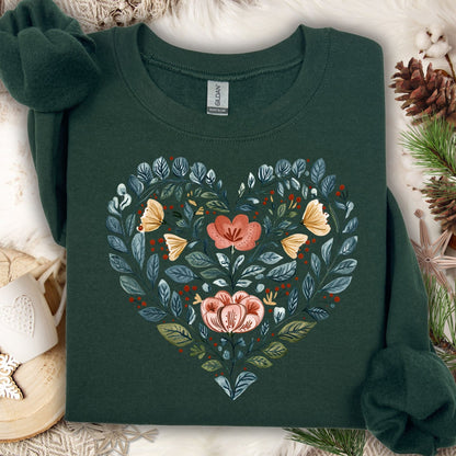 Folk Art Blue Floral Heart Sweatshirt