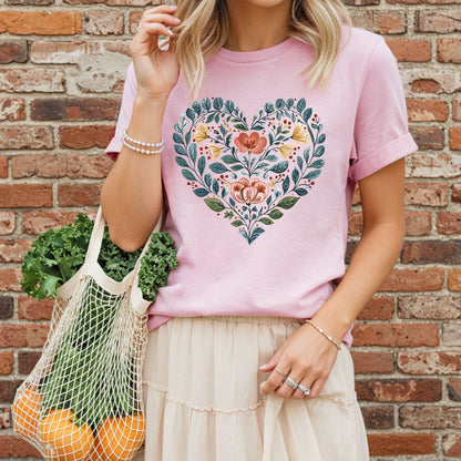 Folk Art Blue Floral Heart with Roses T-Shirt