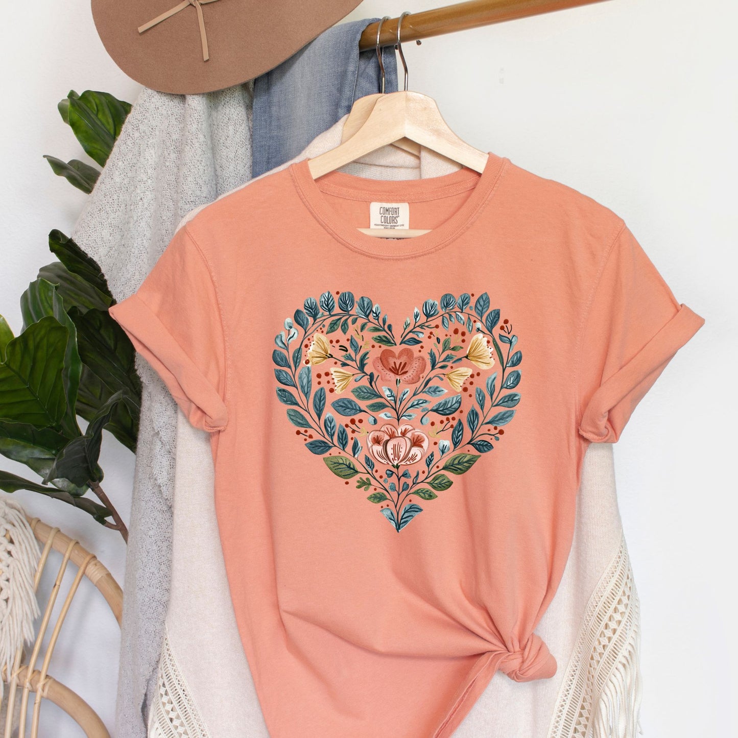 Folk Art Blue Floral Heart with Roses T-Shirt