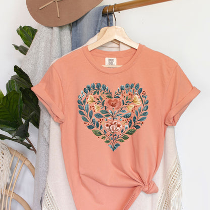 Folk Art Blue Floral Heart with Roses T-Shirt