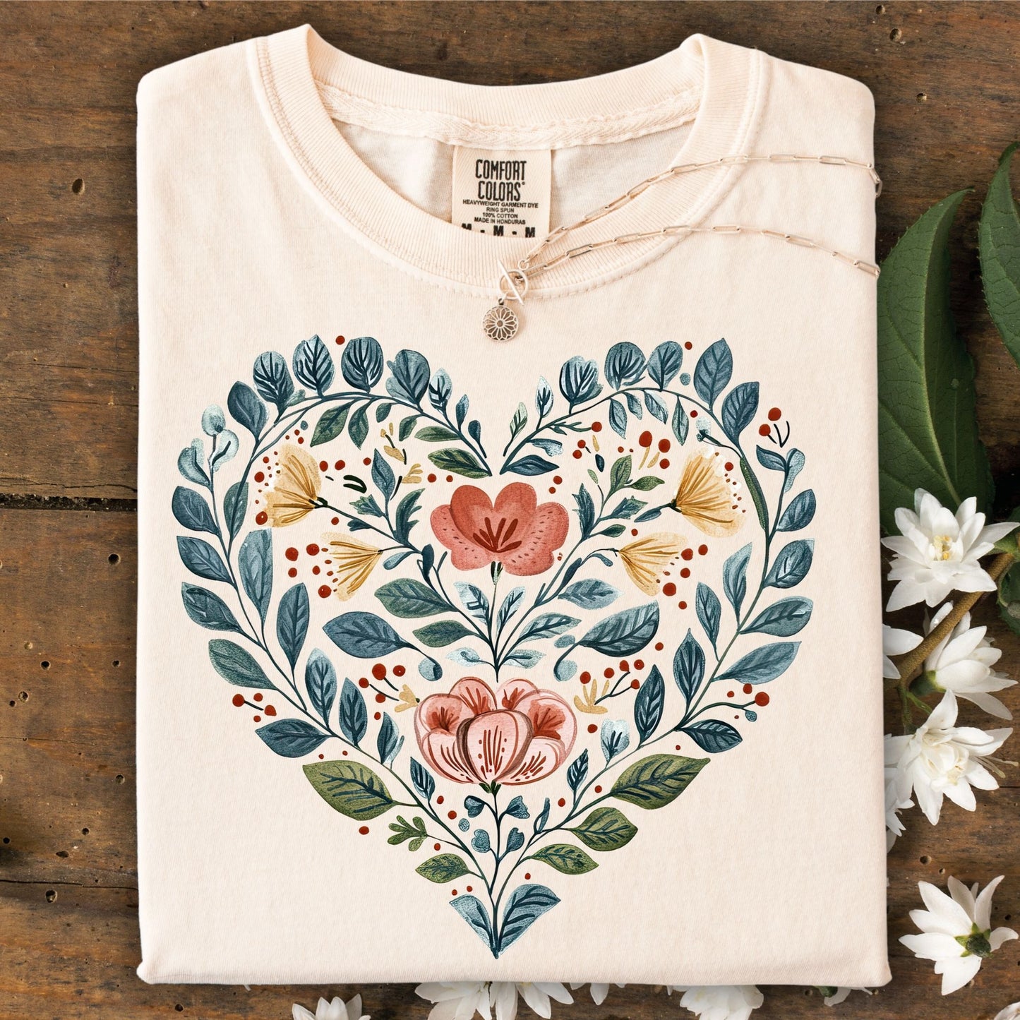 Folk Art Blue Floral Heart with Roses T-Shirt