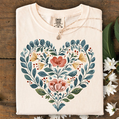 Folk Art Blue Floral Heart with Roses T-Shirt